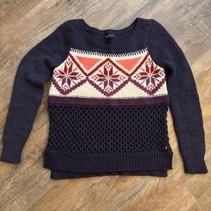 American Eagle Outfitters Women M Y2K Sweater Fair Isle Crochet Knit Navy Winter